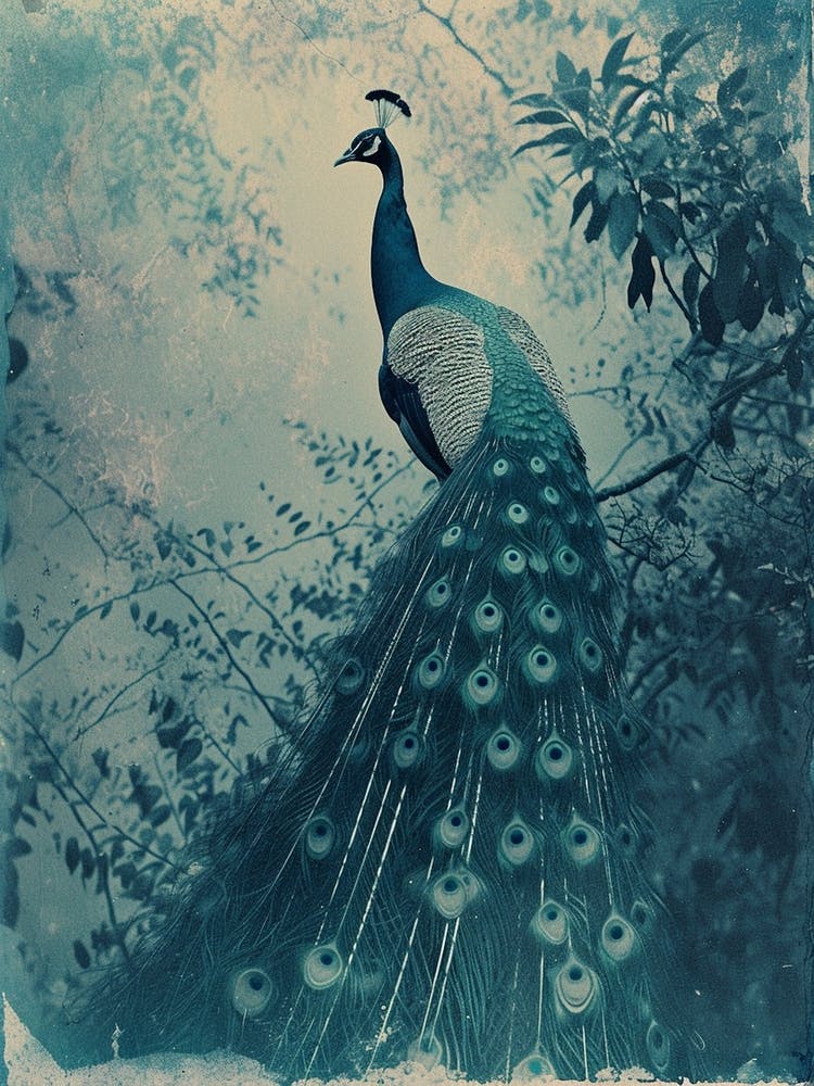 Peacock In The Tree Cyanotype Inspired Turquoise