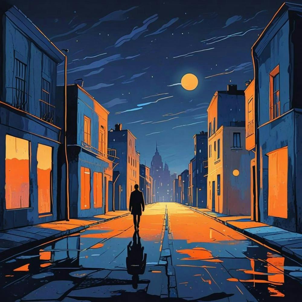 Night Scene Of A Street With A Person Walking Down The Street Art (2)