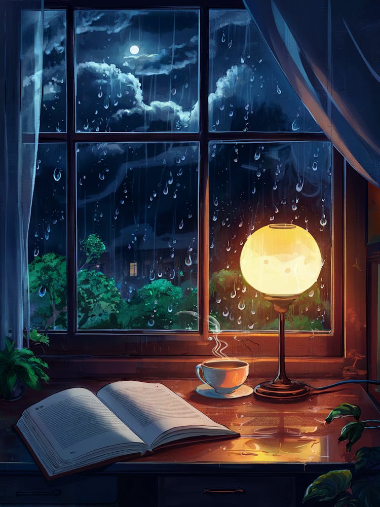 Lofi Anime Art: Cozy rainy night window with an open book, warm lamp glow, and steaming tea. Perfect for tranquil and introspective vibes.