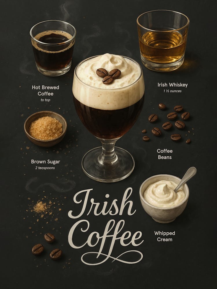 Irish Coffee Poster – Whiskey Espresso Cream Cocktail: Warm, cozy, and rich – this Irish coffee poster blends espresso, whiskey, and cream in a perfect winter classic. Ideal for Christmas, cold mornings, or bar walls with dark backgrounds and elegant typo