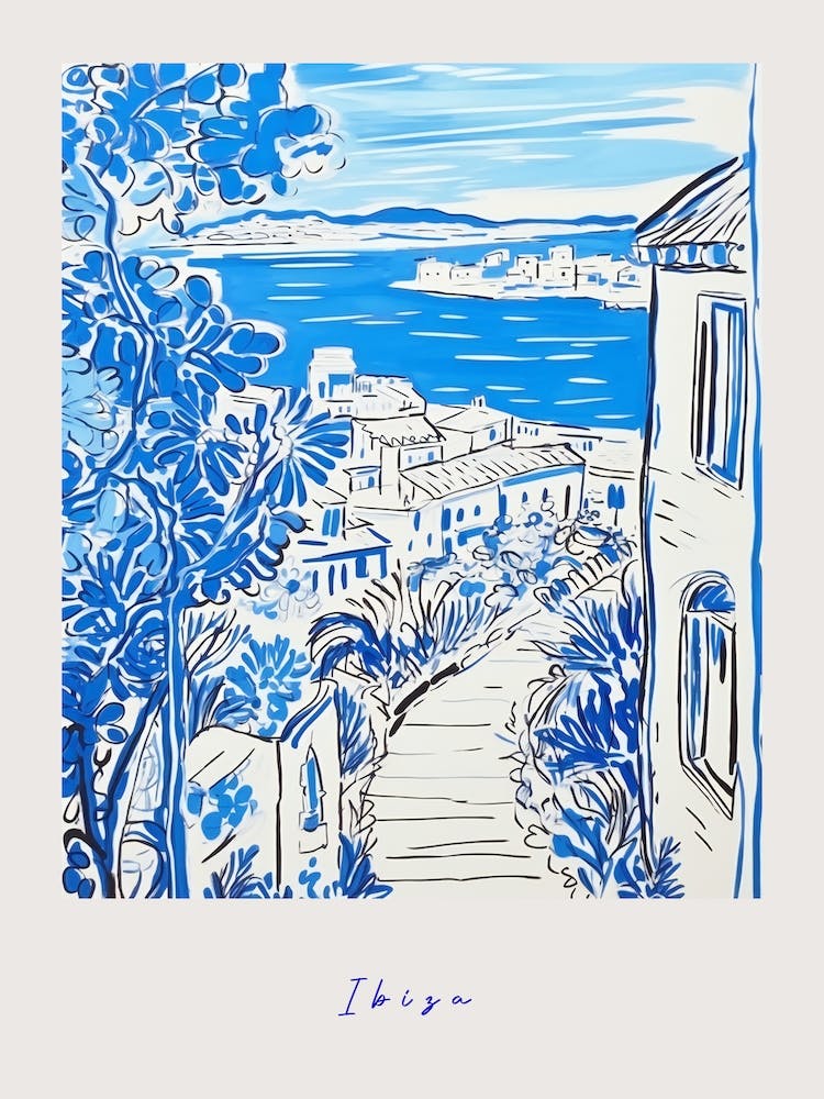 Ibiza Spain Mediterranean Blue Drawing Poster