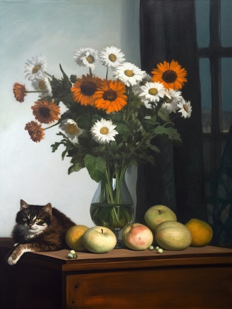 Painting Of A Still Life Of A Aster With A Cat, Realism 2