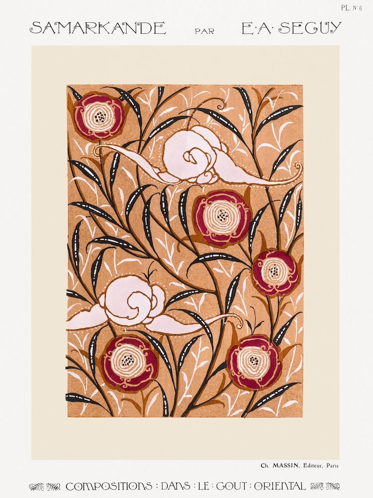 Art Nouveau Flower Pattern Stencil Print In Oriental Style, Eugène Séguy
