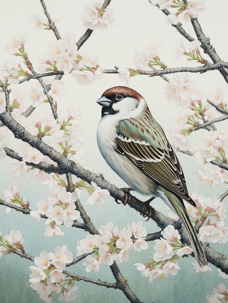 Ohara Koson Inspired Bird Painting House Sparrow 3
