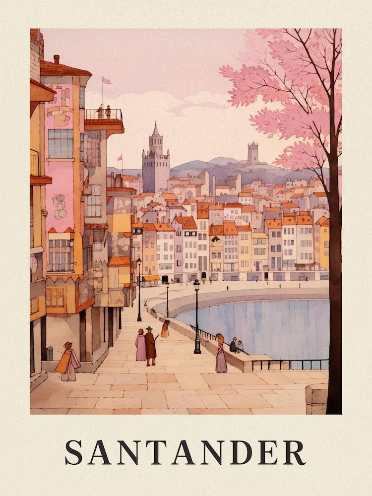Santander Spain 6 Vintage Pink Travel Illustration Poster