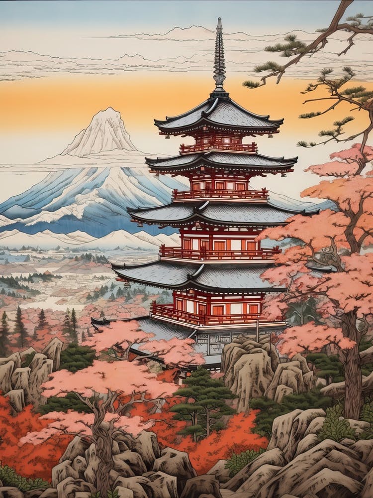 Chureito Pagoda In Yamanashi, Ukiyo E Drawing 3