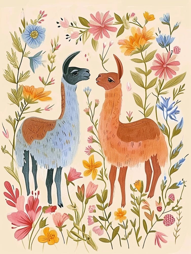 Folksy Floral Animal Drawing Llama