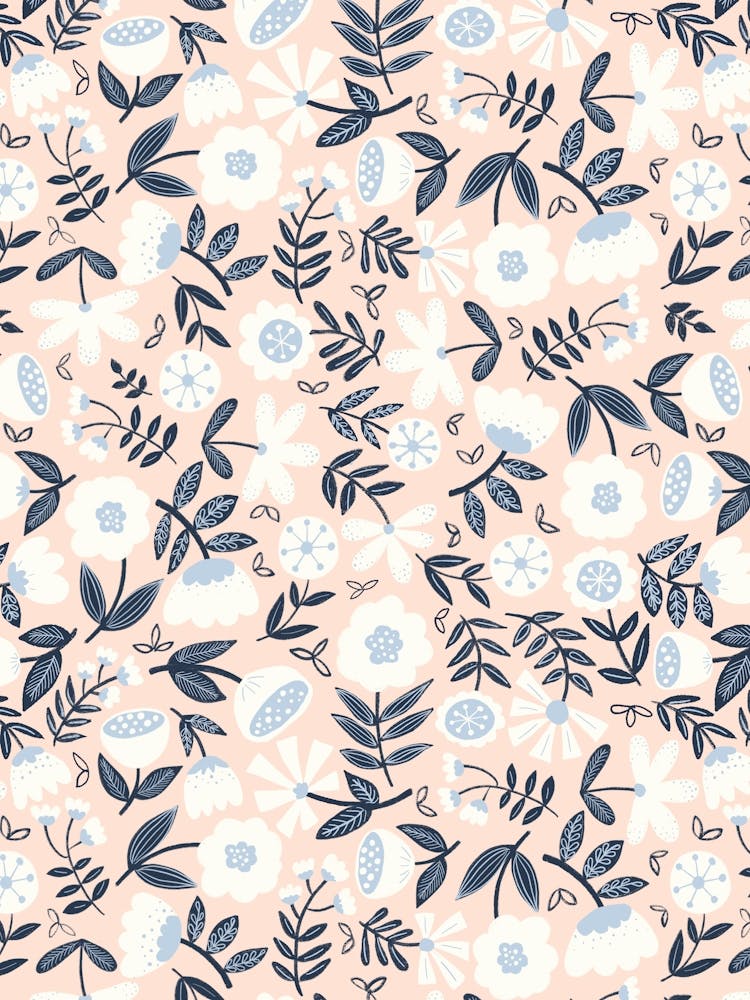Cute Soft Scattered Scandi Florals Peach, White, Navy Blue