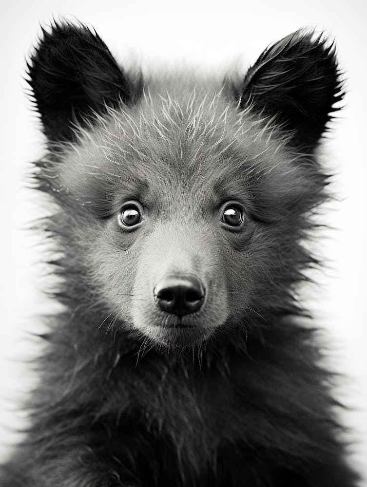 Black And White Photograph Of A Bear Cub 1