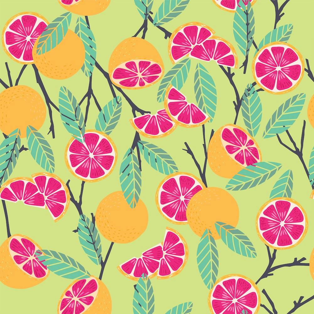 Grapefruit Pattern On Lime Green With Floral Decoration Square