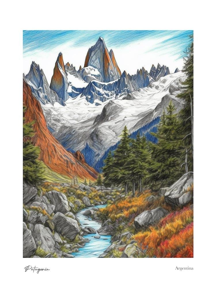 Patagonia Argentina Pencil Sketch 1 Watercolour Travel Poster