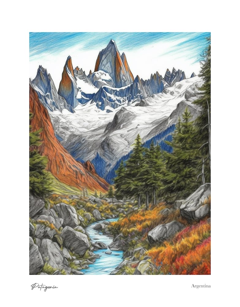 Patagonia Argentina Pencil Sketch 1 Watercolour Travel Poster