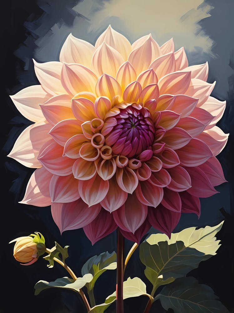 Oil Painting Style Dahlia Bloom Framed By Subtle