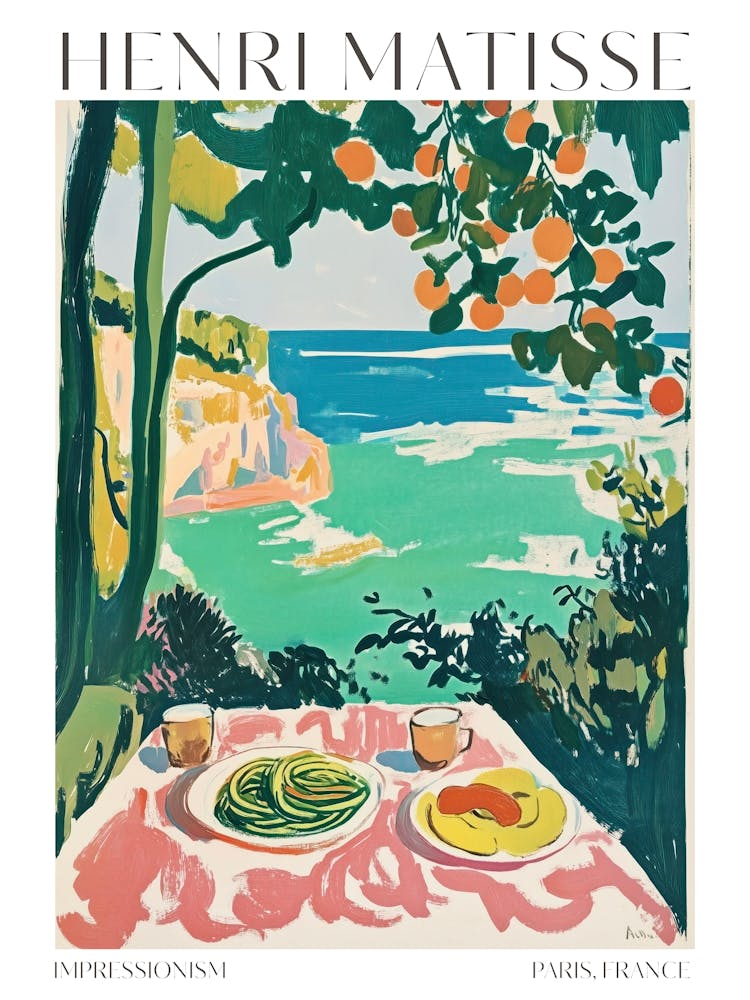 Henri Matisse Druck Orangen Impressionismus Speiseszene Strandszene Pasta Essen Wein Französisches Dekor Vintage