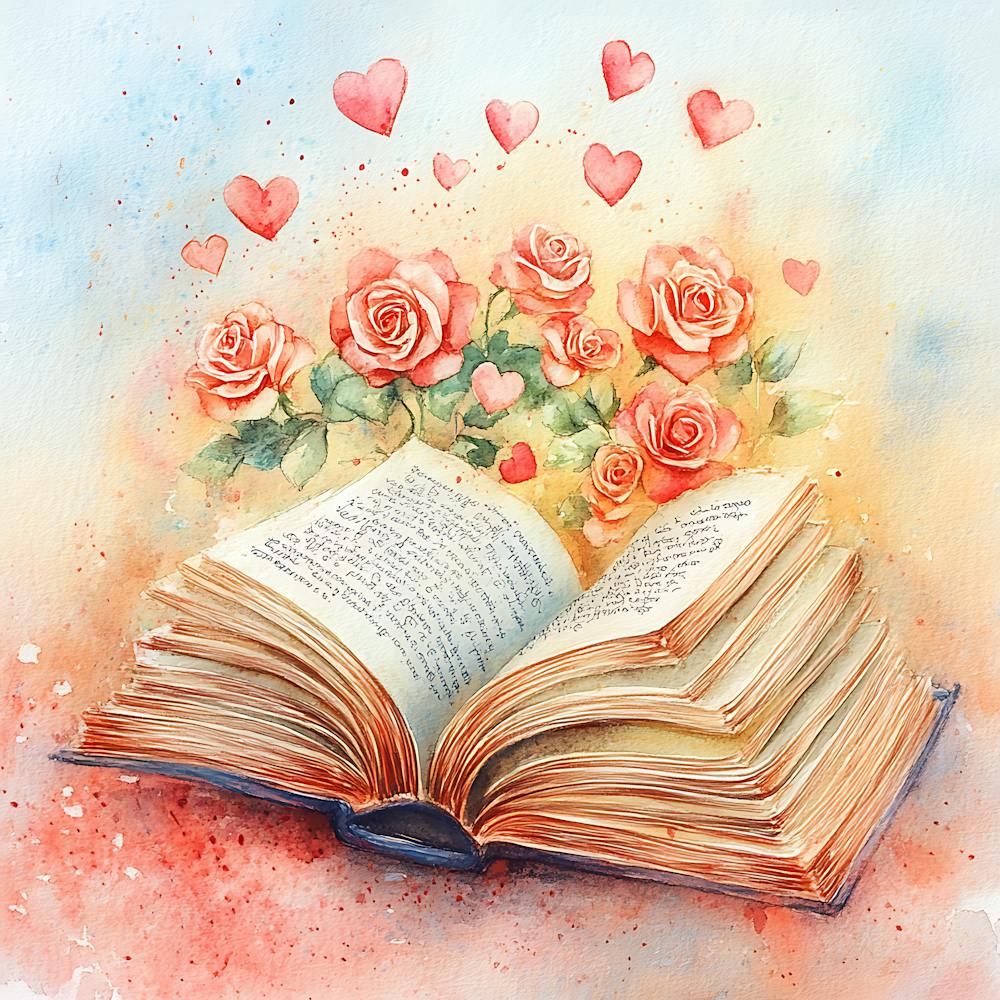 Watercolor Romantic Book Roses Hearts 8