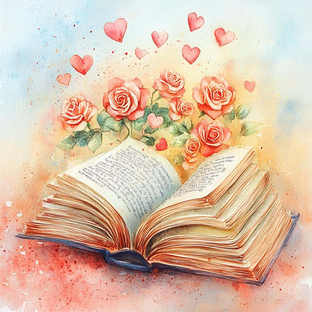 Watercolor Romantic Book Roses Hearts 8