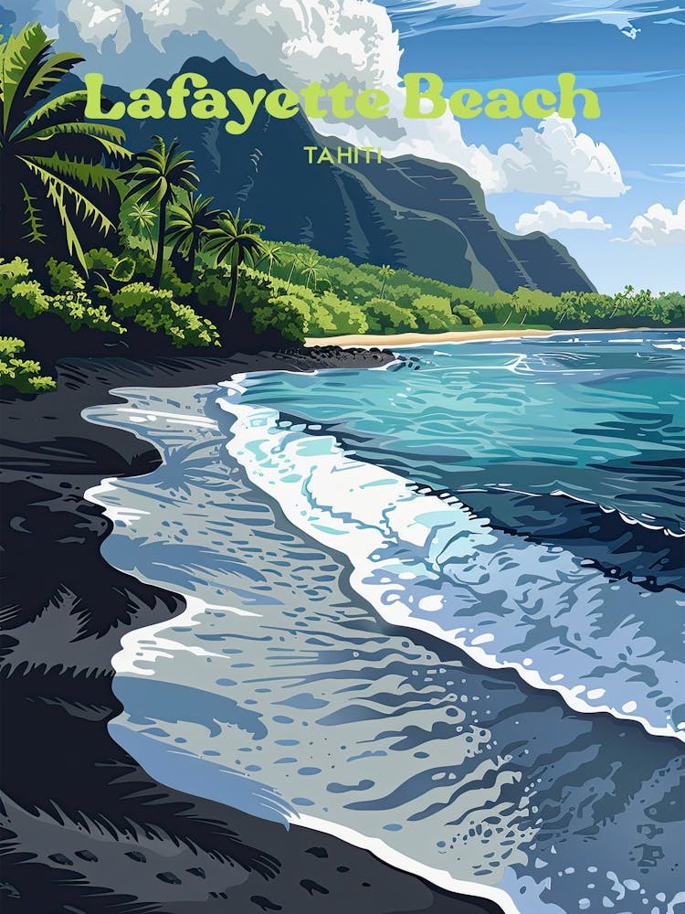 Lafayette Beach Tahiti Black Sand Travel Illustration