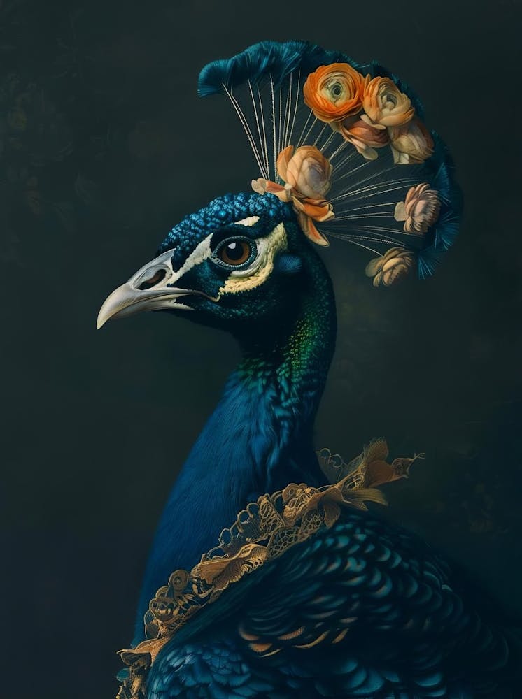 Victorian Animal Portrait, Dressed Animal Print, Royal Lady Peacock Painting, Altered Art, Renaissance Animal Printable, Animal Lover Gift