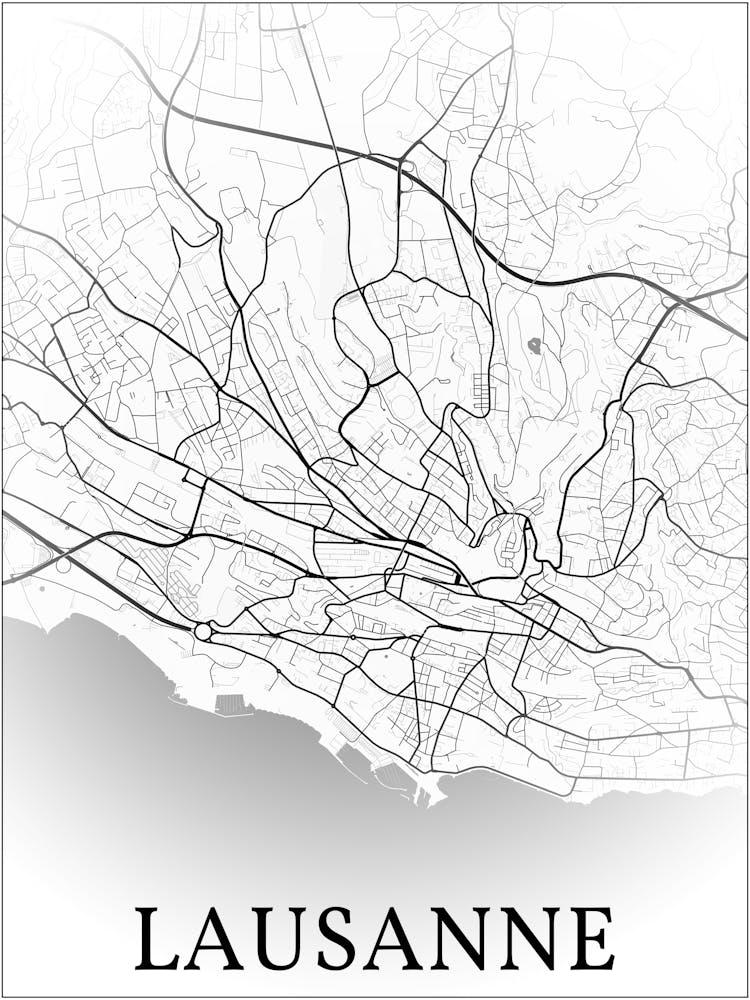 Lausanne, Switzerland, City Map, Black And White Fade Design