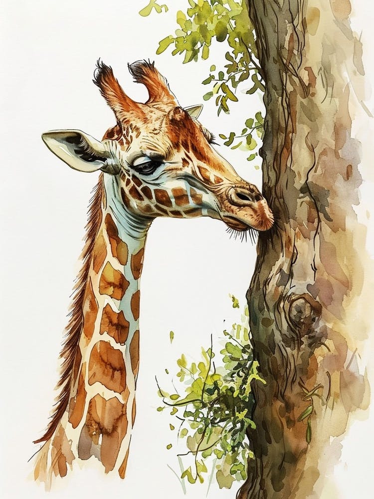 Giraffe By The Tree Watercolour 2