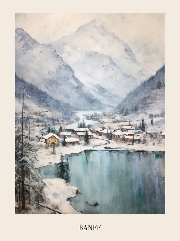 Vintage Winter Painting Poster Banff Canada 3
