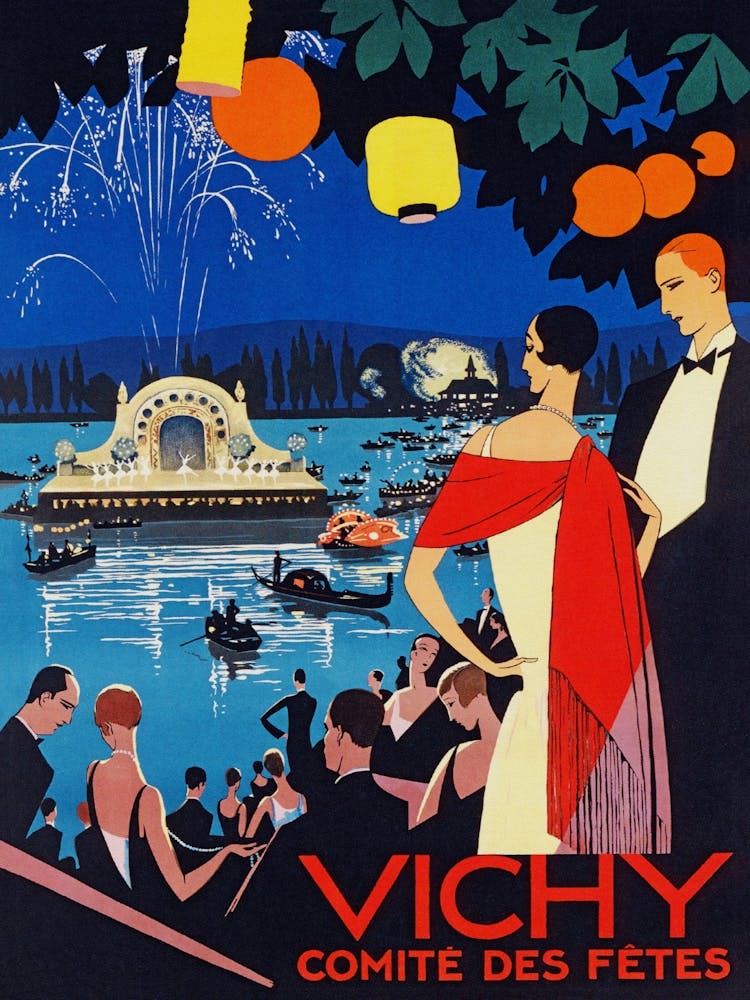 Vichy France, Comète Des Fetes, Buntes Vintage-Reiseplakat