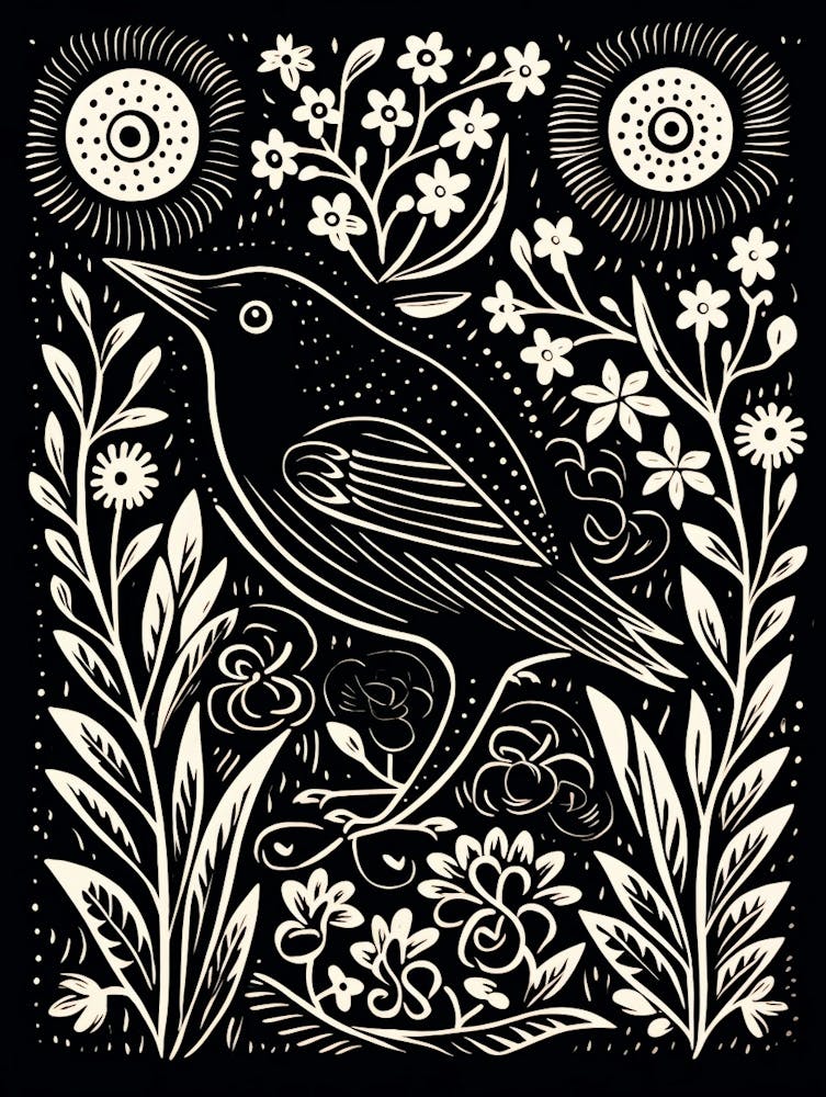 B&W Bird Linocut Blackbird 1