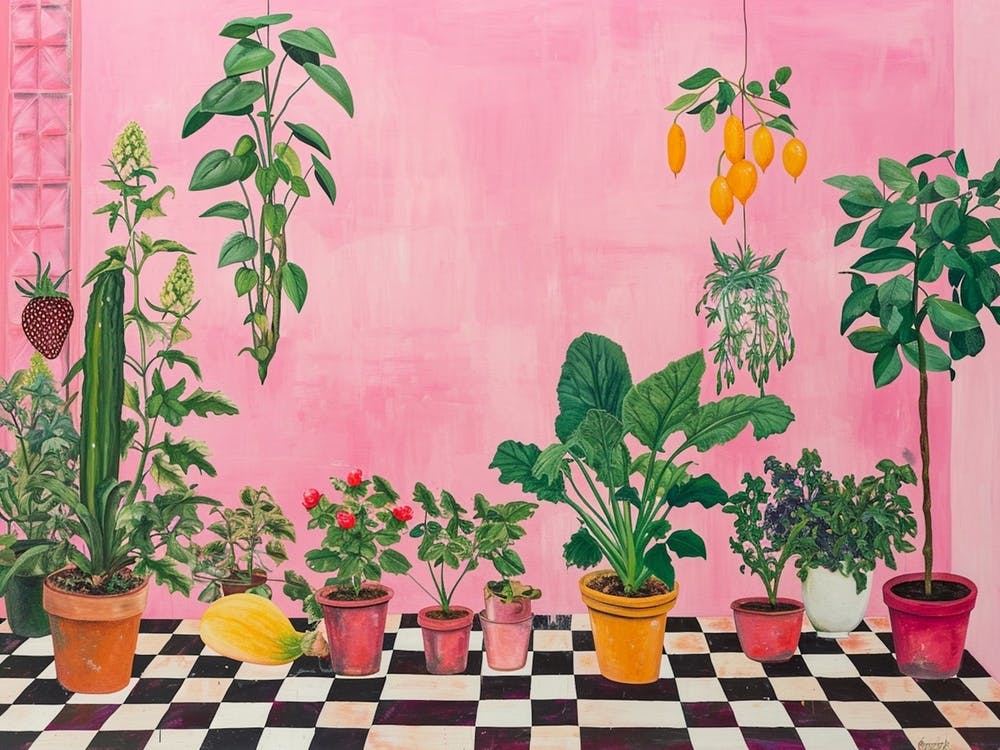 Potted Plants & Fruit Growing In A Greenhouse Pink Checkerboard