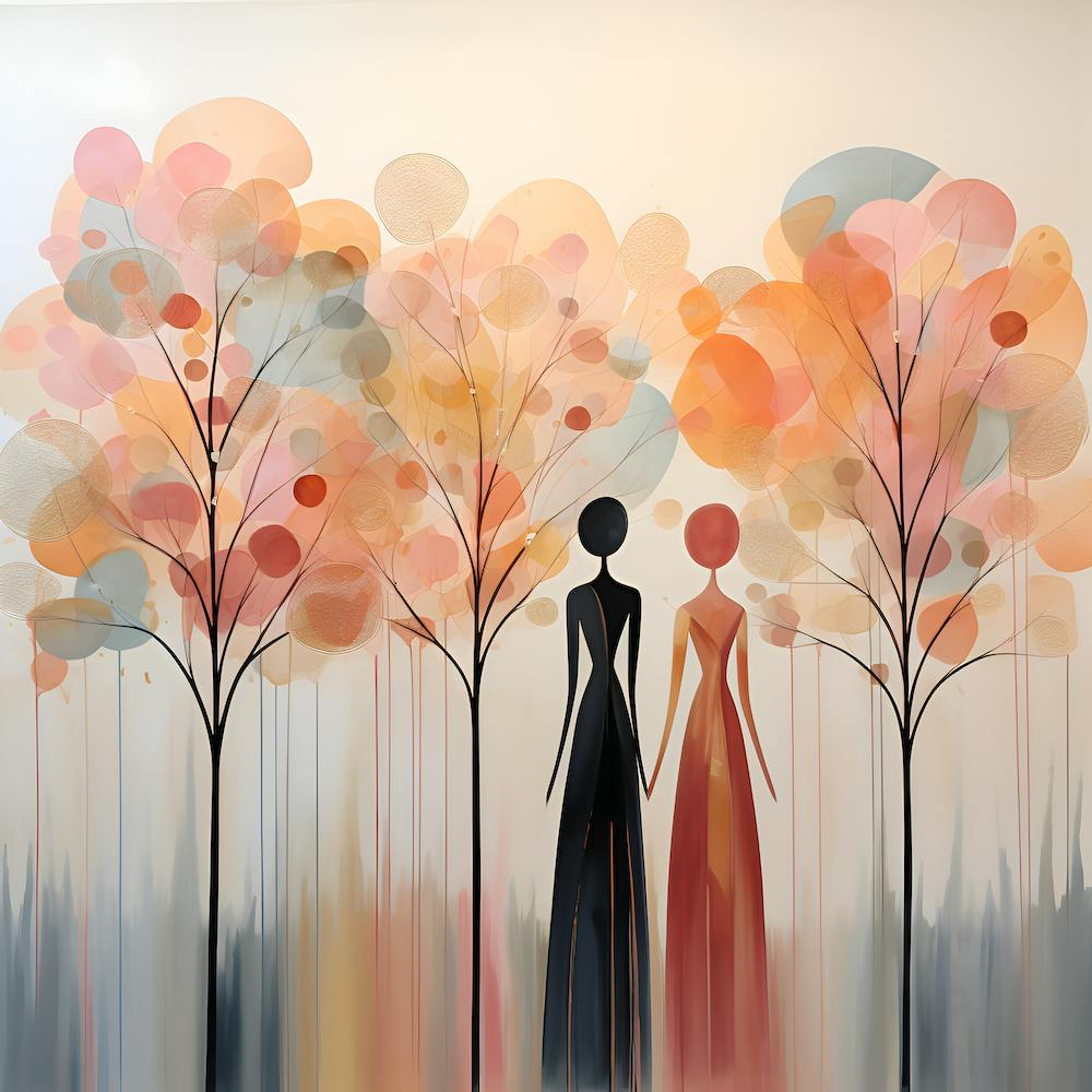 Enchanted Dreams: Pastel Harmony with Golden Trees and Abstract Goddesses