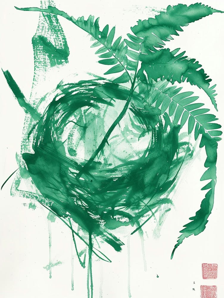 Green Ink Painting Of A Birds Nest Fern 3