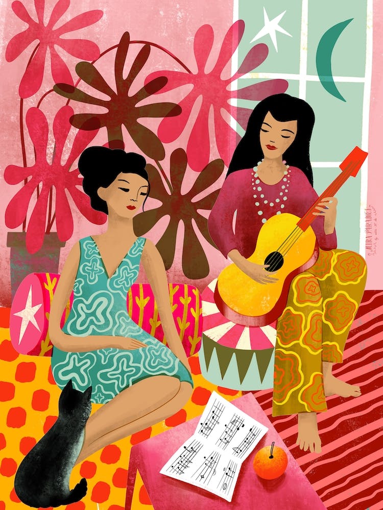 House Music Ladies With Guitar And Cat