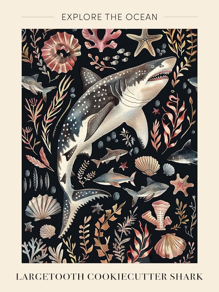 Largetooth Cookiecutter Shark Seascape Black Background Illustration 4 Poster