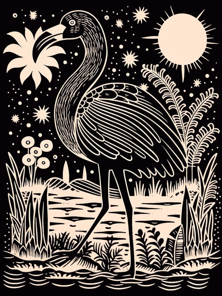 B&W Bird Linocut Flamingo 3