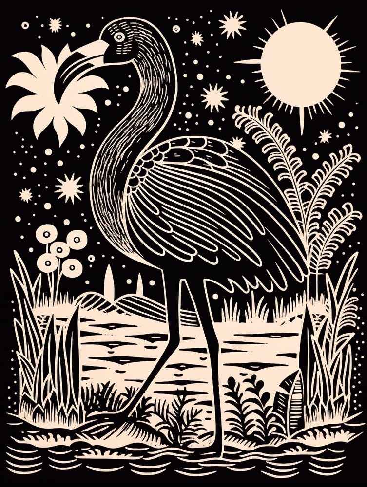 B&W Bird Linocut Flamingo 3