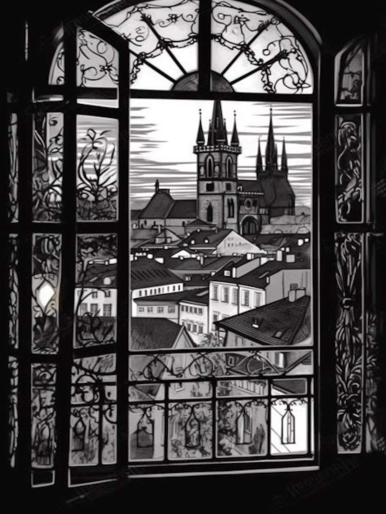 A Window View Of Prague In The Style Of Black And White  Line Art 1