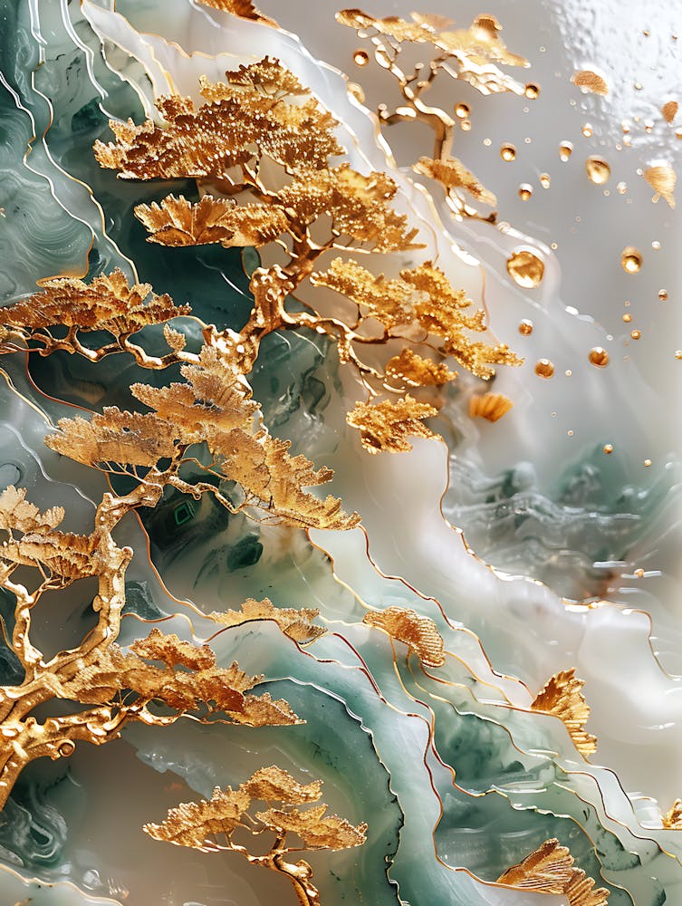 Paysage Sculpté de Jade Incrusté d'Or 7
