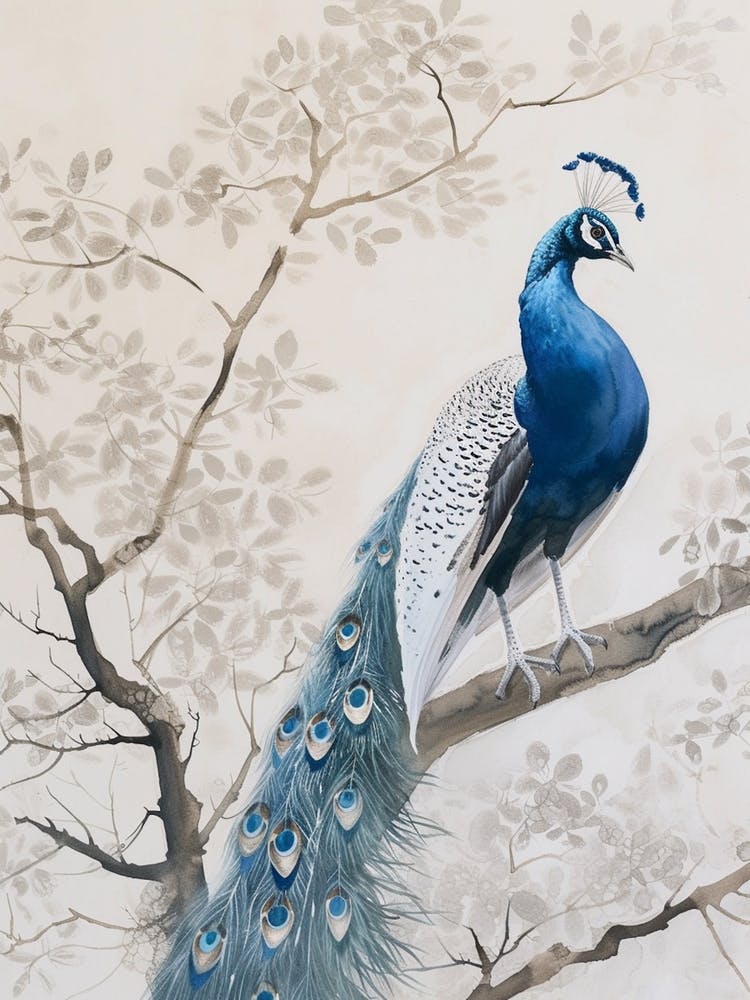 Watercolour Peacock On Tree Branch 2