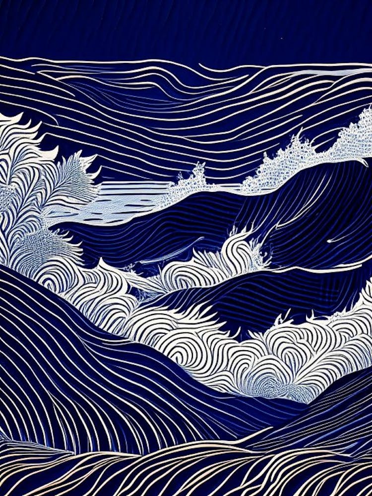 Waves Waterscape Linocut 1