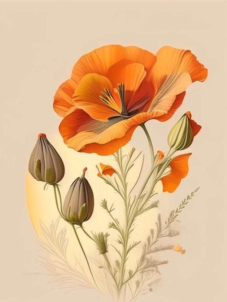 California Poppy Spices And Herbs Retro Drawing 1