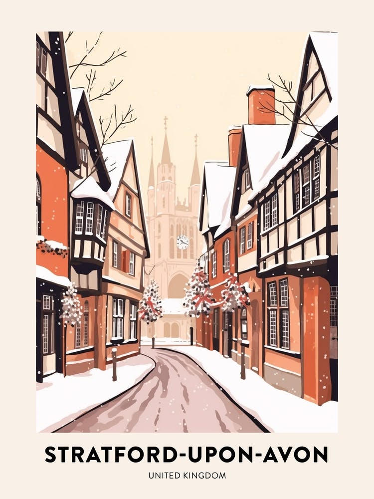 Vintage Winter Travel Poster Stratford Upon Avon United Kingdom 1