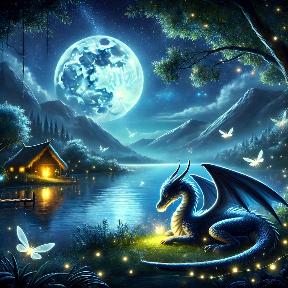 Serene Lake By Moonlight With A Friendly Dragon And Glowing Trees