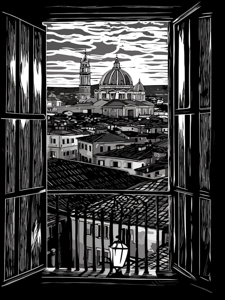 A Window View Of Rome In The Style Of Black And White  Line Art 3