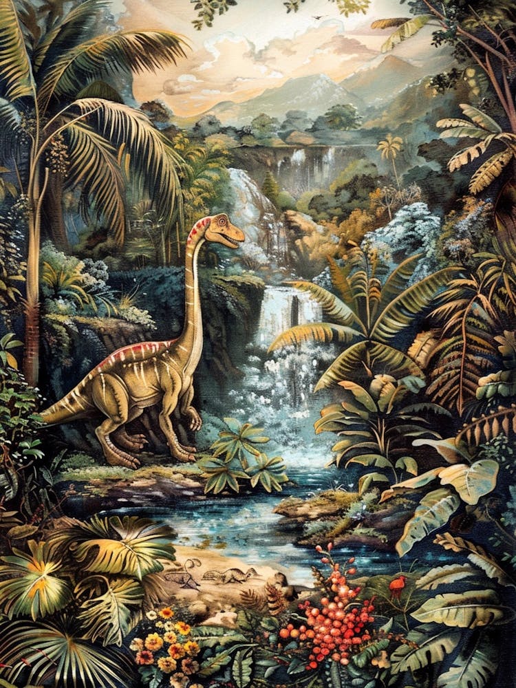 Dinosaurier an einem Wasserfall – Landschaftsgemälde 3