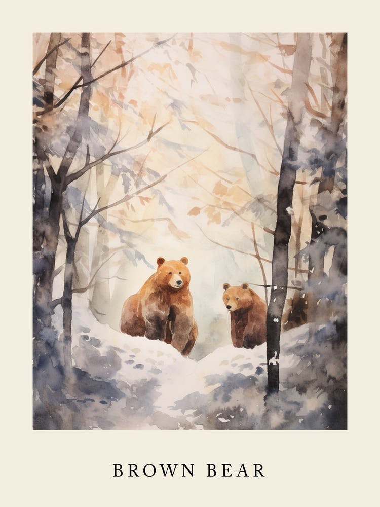 Winter Watercolour Brown Bear 7 Poster
