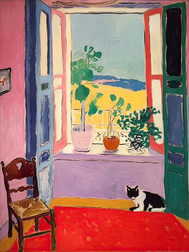 Open Window With A Black And White Cat Matisse Inspired