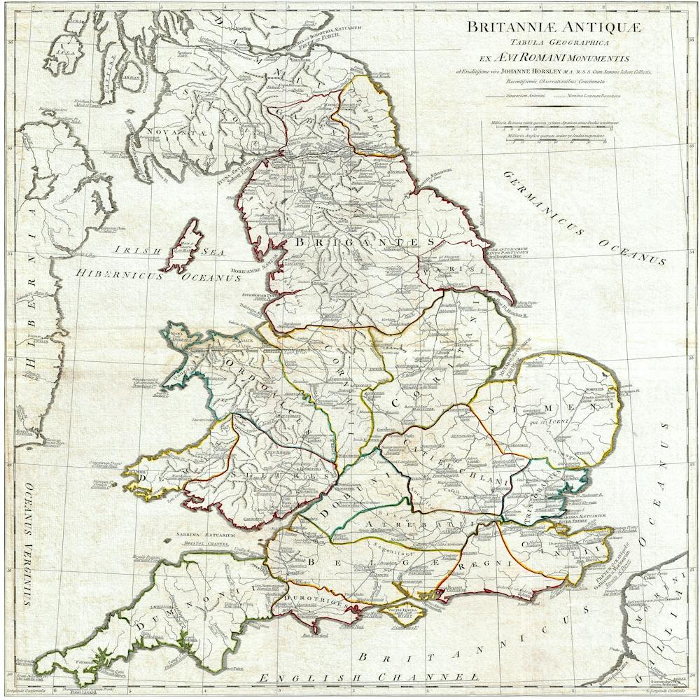 5265 Map Of England In Ancient Roman Times Horsley 1794 Vintage Pictorial Map
