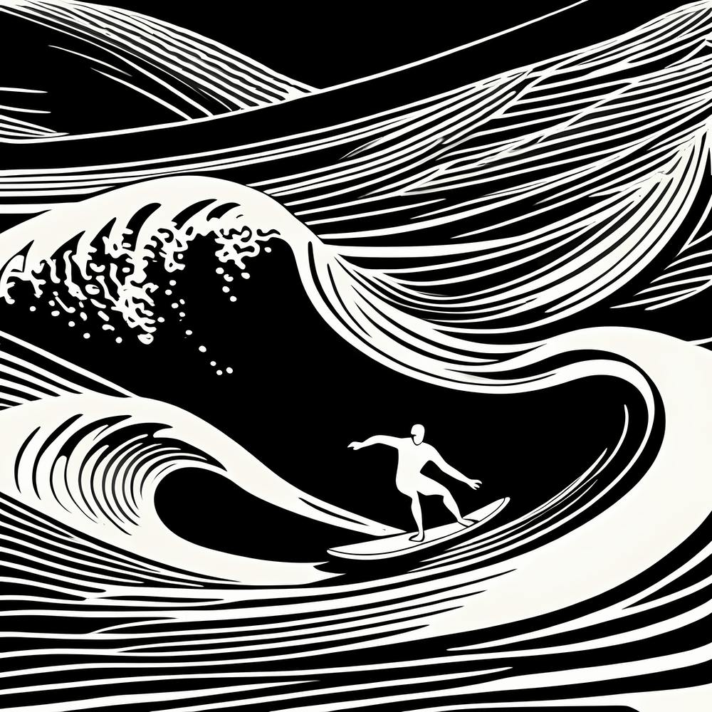 Linocut Black And White Surfer On A Wave art, surfing art, 243