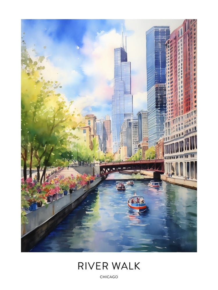 River Walk 2 Chicago Watercolour Travel Poster