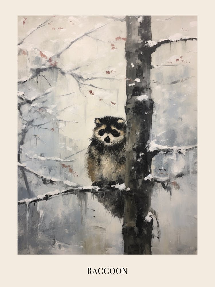 Vintage Winter Animal Painting Poster Raccoon 1