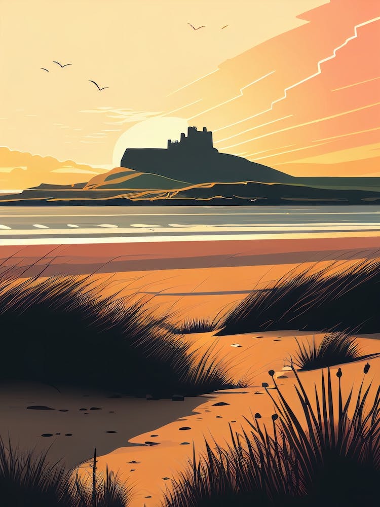Bamburgh Castle In The Sunset- Retro Landscape Beach and Coastal Theme Travel Poster